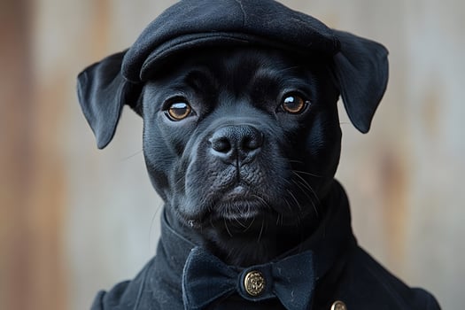 Stylish Black Dog in Vintage Outfit with Cap and Bow Tie for Fun Photography photo