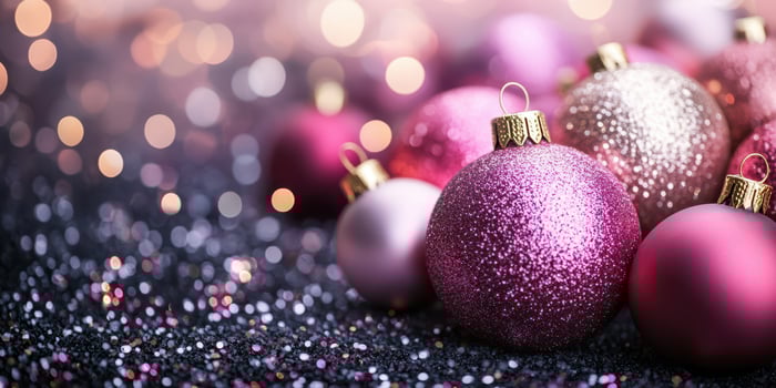 Festive decorations with glittering pink and gold ornaments on a sparkling backdrop during the holiday season photo