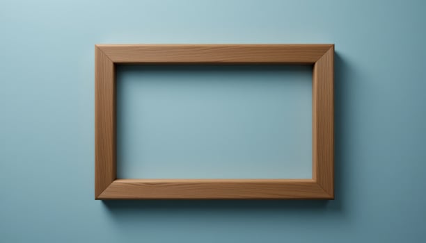 A simple wooden frame on a soft blue background, ideal for showcasing photos or artworks, suitable for minimalist decor or promotional uses in advertisements and marketing.