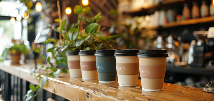 A skilled barista creates beautiful latte art in a cozy cafe adorned with indoor plants. Elegant coffee cups are neatly arranged on the wooden counter under warm light. photo