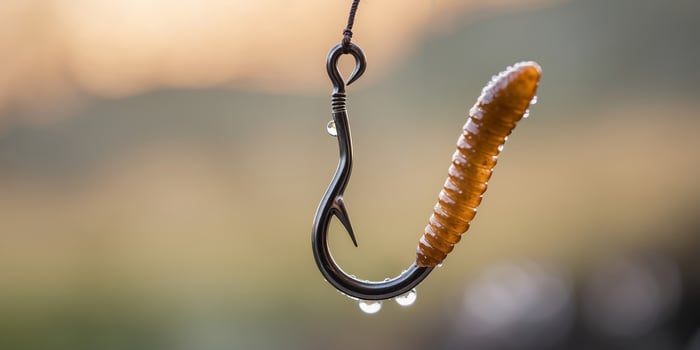 Fishing hook with bait glistens in early morning light near a river photo