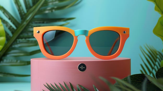 Colorful sunglasses rest on a pink pedestal surrounded by lush green tropical leaves, showcasing a contemporary design in a bright and inviting environment. photo