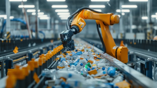 A robotic arm efficiently sorts through a conveyor belt filled with plastic waste in a recycling facility. photo