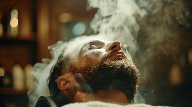 Client enjoys a calming steam treatment at a barbershop in the afternoon, enhancing relaxation while receiving grooming services for his beard and hair. photo