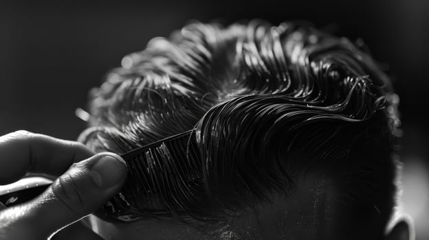 A barber carefully combs and styles a client's hair, highlighting expert techniques in a contemporary barbershop during a busy afternoon. photo