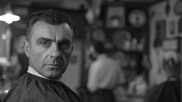 A man sits confidently in a barbershop, draped in a cape while waiting for his haircut. The atmosphere is nostalgic, featuring vintage elements and a calm ambiance. photo