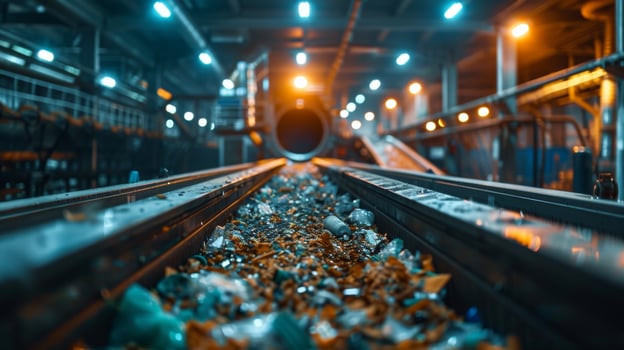 Conveyor belt transports a mix of plastic waste within a recycling facility at night. Machinery operates under bright lights, highlighting the recycling process in action. photo
