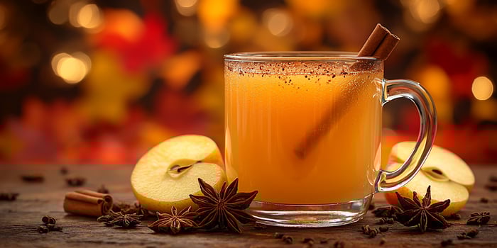 A glass of apple cider with cinnamon and star anise photo