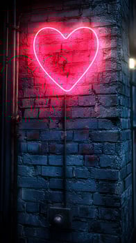 A neon heart on a brick wall photo
