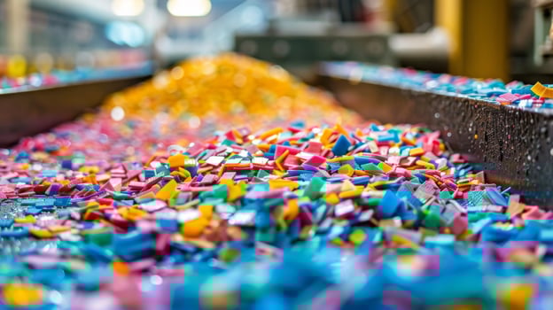 Brightly colored chunks of material are scattered across a conveyor belt in a busy production facility, showcasing a variety of bold hues under artificial lighting. photo