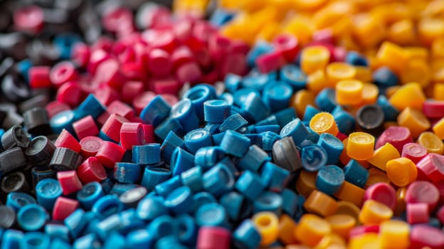Colorful plastic pellets in red, blue, yellow, and black are scattered on a flat surface, highlighting their circular shapes in a lively manufacturing setting. photo