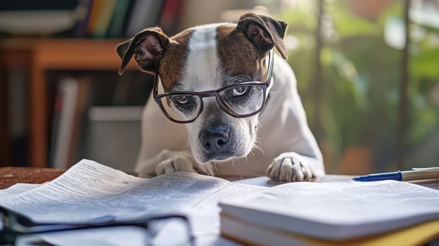 A dog wearing glasses and looking at a book photo