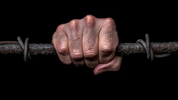 A hand holding on to a barbed wire fence photo