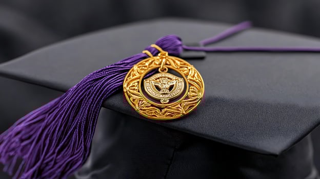 A purple tassel and a gold medallion on a black graduation cap photo