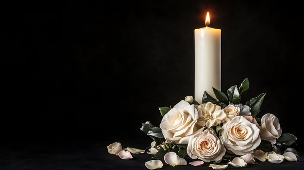 A candle and white roses are arranged on a black background photo