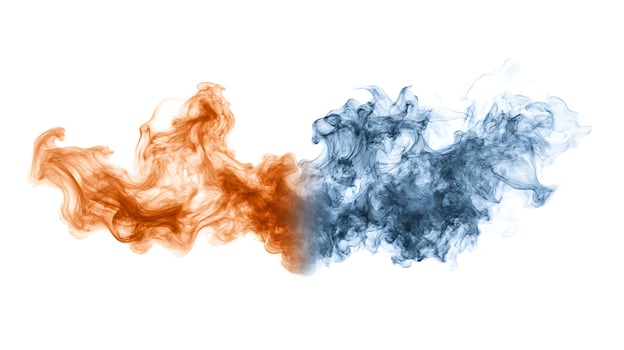 Two different colors of smoke are shown on a white background photo