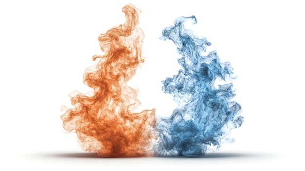 Two different colors of smoke are shown on a white background photo