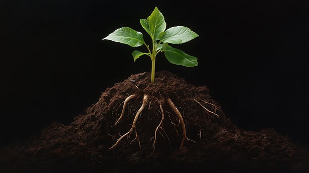 A plant growing out of the ground with roots photo
