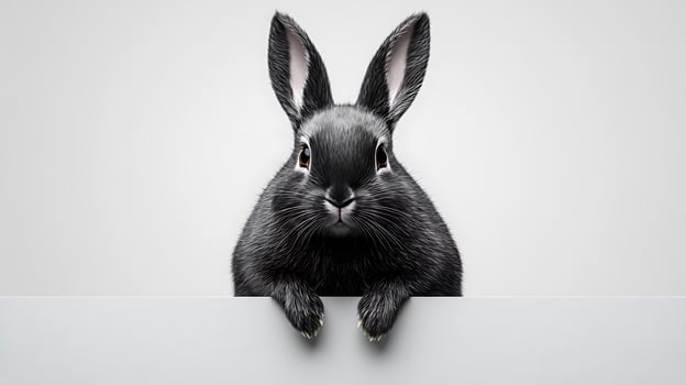 Black rabbit sitting on a white wall photo