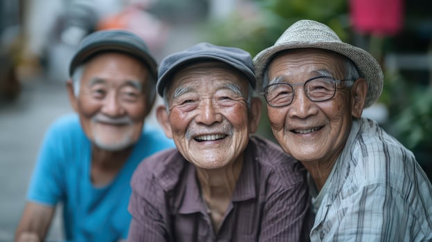 Three older men smiling and laughing together photo