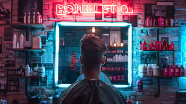 A young individual sits in front of a stylish mirror, waiting for a haircut in a trendy barbershop illuminated by colorful neon lights. The atmosphere is lively and contemporary. photo