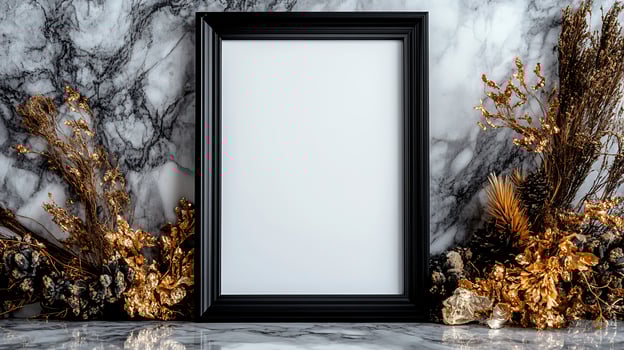 A black frame with gold flowers and dried plants on a marble wall photo