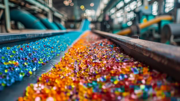 Granules of blue and orange colors are being transported on a conveyor belt in a processing facility. The workspace is illuminated by natural light creating a vibrant atmosphere. photo