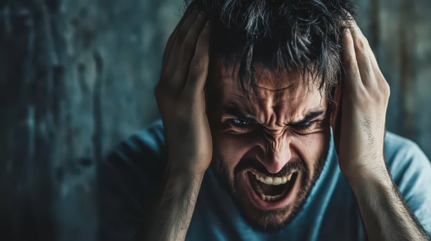 A man with his hands on his head and an angry expression photo