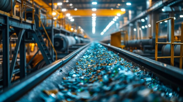 Recycled glass pieces are gathered on a conveyor belt in a spacious industrial recycling plant. Bright lights illuminate the area. Workers manage the recycling process efficiently. photo