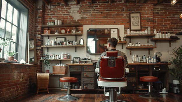 A vintage barber shop features red and white chairs, wooden shelves filled with grooming products, and a customer seated, anticipating a haircut in warm afternoon light filtering through the window. photo