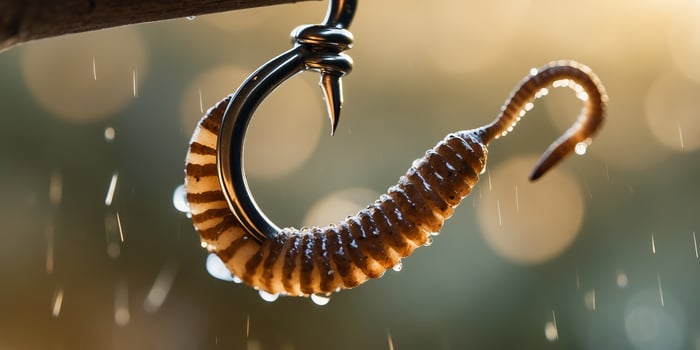 Unique bait on a fishing hook glistens in the rain during early morning hours by the lake photo