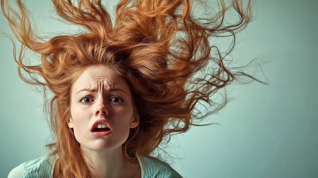 A woman with her hair flying in the air photo