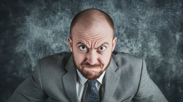 A man in a suit and tie is making an angry face photo