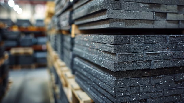 Black foam mats are neatly stacked in a warehouse, highlighting efficient storage methods. The environment is well lit, with several layers of mats visible in the background. photo