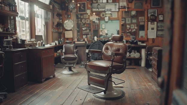An inviting barber shop filled with vintage furniture, featuring leather barber chairs, wooden floors, and framed pictures adorning the walls, creating a nostalgic atmosphere. photo