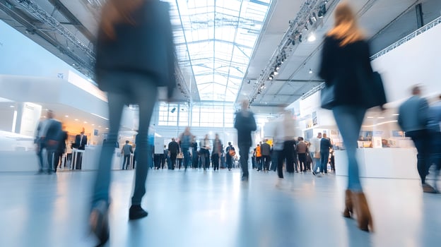 Blurred motion of crowd people walking at business trade fair event hall show photo