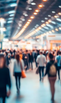 Blurred Motion of People Walking in Modern Business Convention Center Hallway photo