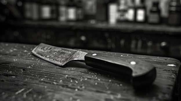 A sturdy metal knife lays on a worn wooden table surrounded by blurred bottles in a rustic kitchen, suggesting the preparation of a meal in the evening. photo