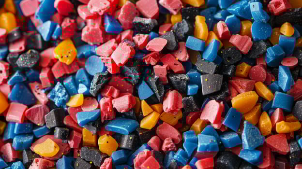 Close up view of vibrant plastic pellets arranged in various colors such as red, blue, yellow, and black. These raw materials are essential for manufacturing different plastic products. photo