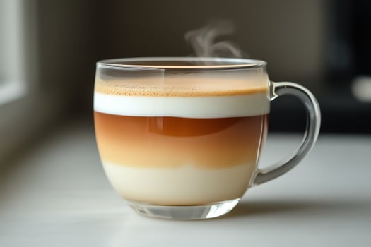 A glass of hot coffee with steam coming out of it photo