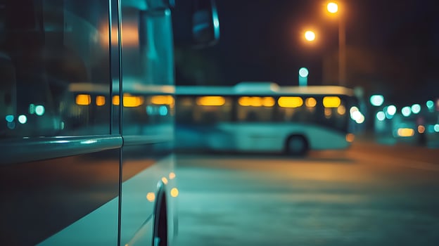 Abstract Blur of a Bus at Night, Evokes a sense of motion and modern urban living. photo