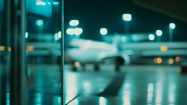 Blurred aircraft at the airport terminal at night with glass reflection and lights photo