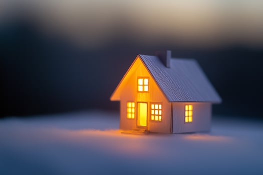 A small house is lit up on a snowy night photo