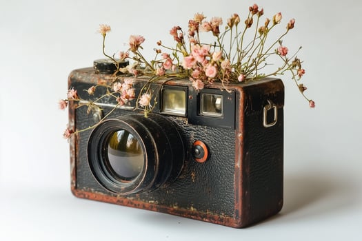 An old camera with flowers in it photo