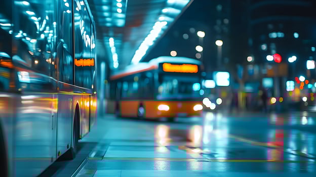 Vibrant Cityscape Buses with Bokeh Lights and Reflections on a Rainy Evening Ambiance photo