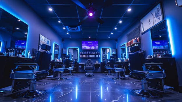 A contemporary barbershop features stylish barber chairs and illuminated mirrors, with a focus on a vibrant blue light ambiance, capturing the bustling atmosphere of a typical afternoon. photo