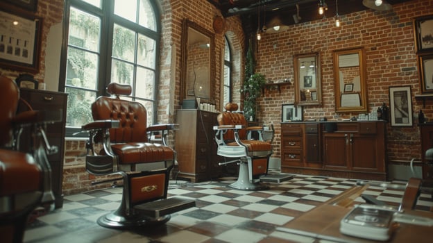 Classic barber shop features leather chairs, a rustic brick wall, and stylish decor creating a cozy atmosphere for grooming and socializing. photo