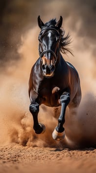 Powerful black horse galloping through sandy terrain with flying dust in a dynamic display of speed and strength photo