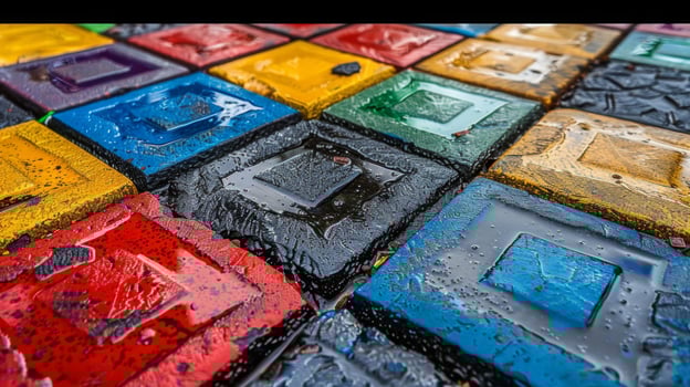 Rainwater glistens on a patchwork of colorful tiles, showcasing a blend of red, blue, green, yellow, and black. The scene reflects the intersections of urban life and art. photo
