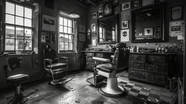 Two classic barber chairs face each other in an old fashioned barber shop filled with wall decor. Natural light streams through large windows, illuminating the rustic space. photo